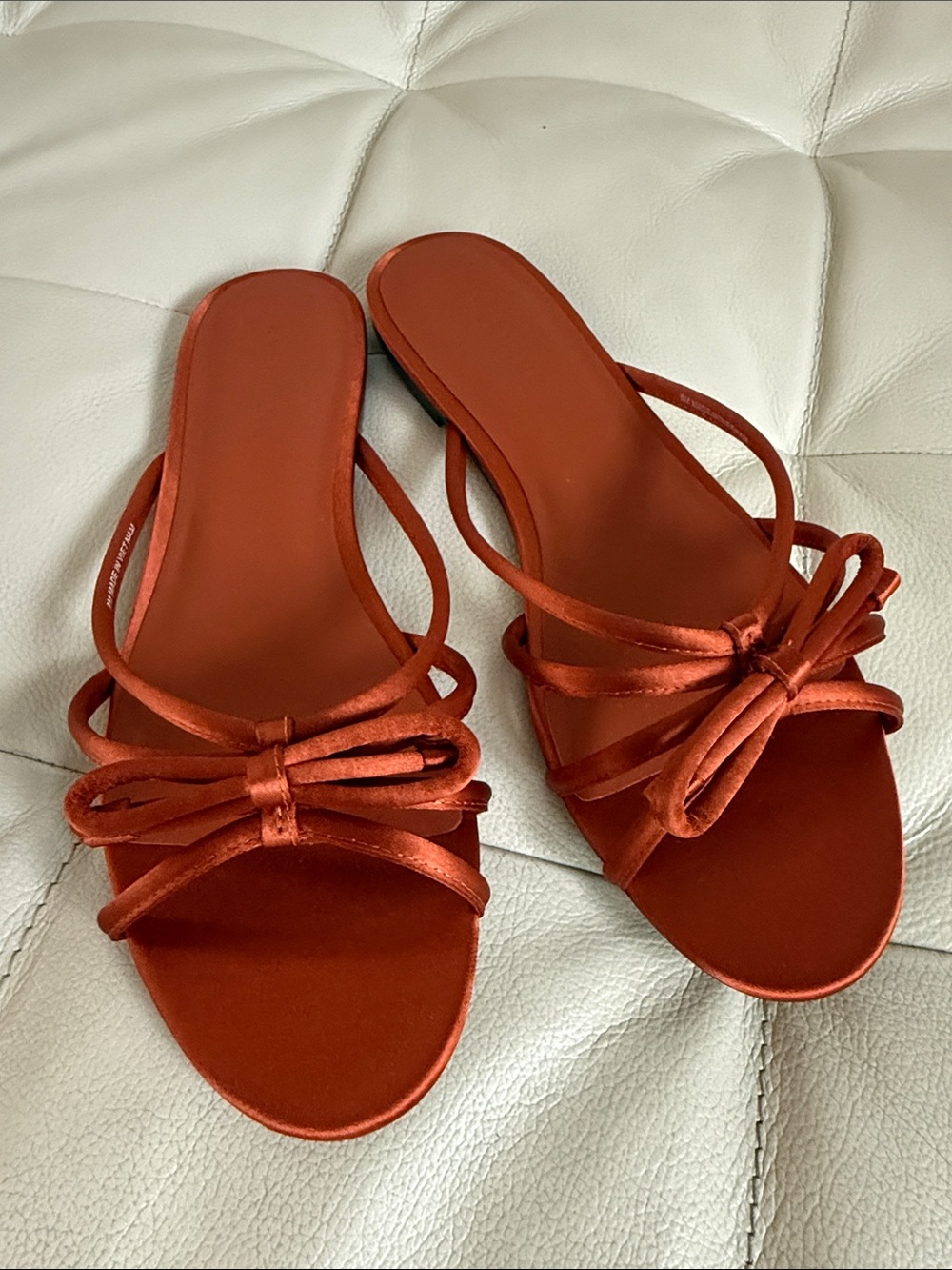 Everlane Satin Bow Slide Sandals in Rust